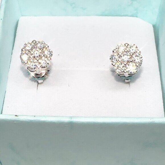 Moissanite Flower Cluster Sterling Silver Stud Earrings - Picture 2 of 4